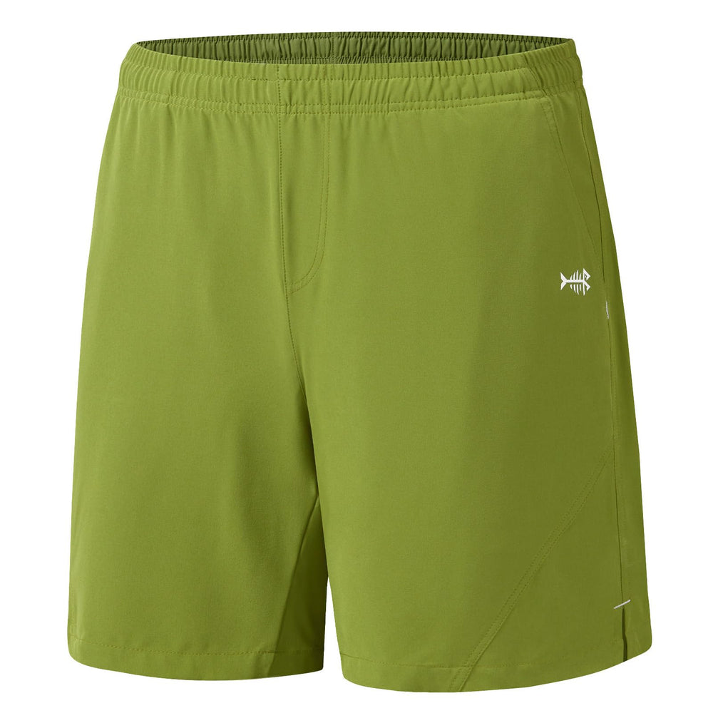 BASSDASH men's 7-inch shorts showcasing UPF 50+ protection and water resistance for outdoor activity.