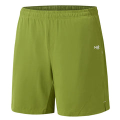 BASSDASH men's 7-inch shorts showcasing UPF 50+ protection and water resistance for outdoor activity.