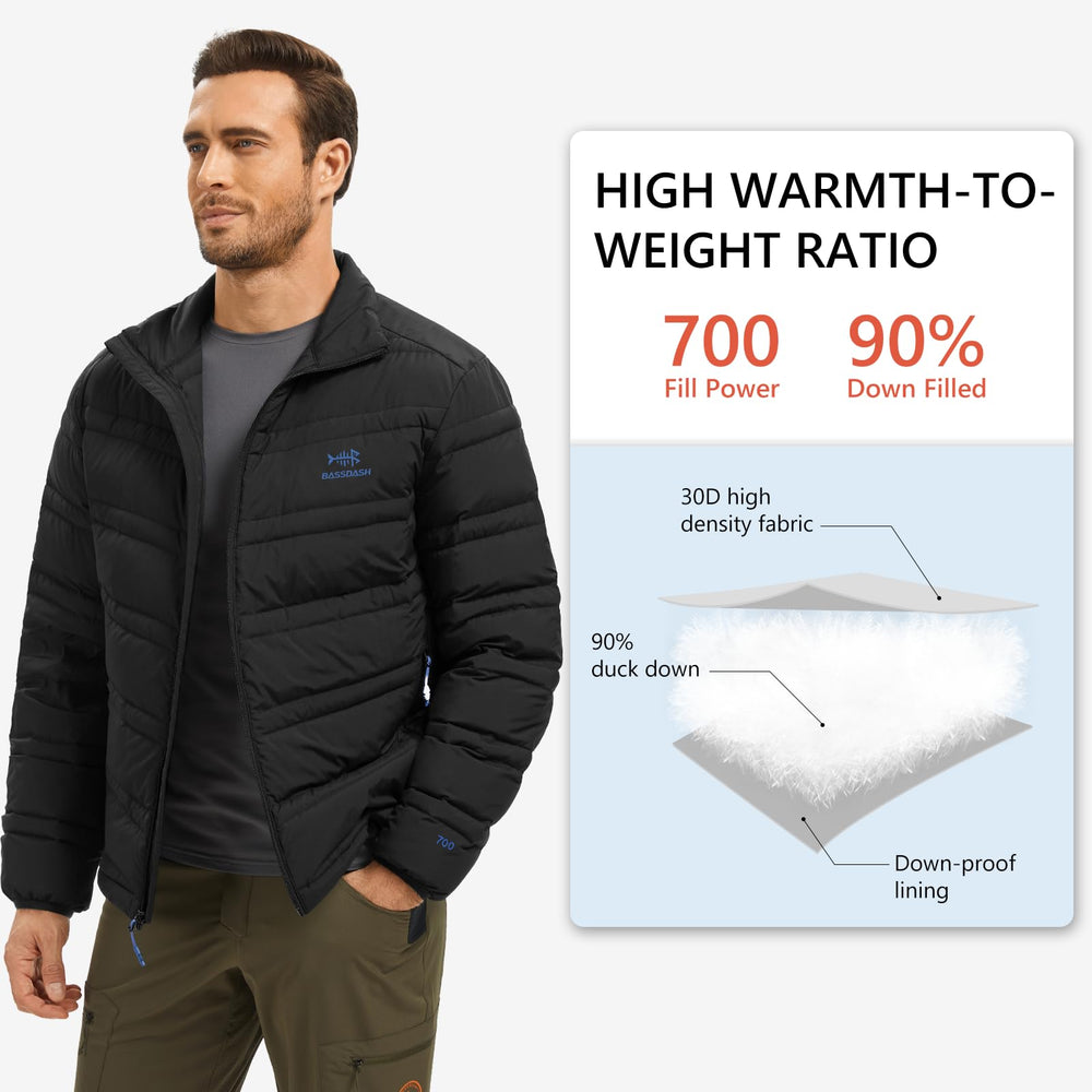 BASSDASH Puffy Down Jacket chin-guard detail for comfort against cold winds