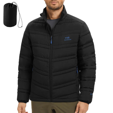 BASSDASH men's puffy down jacket front view showing windproof shell for cold days