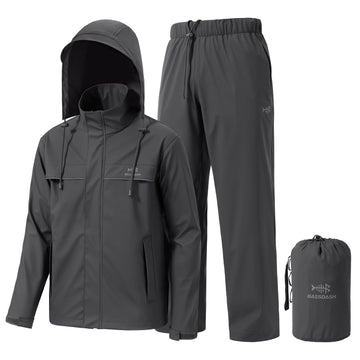 BASSDASH men's rain suit front jacket view highlights waterproof protection for wet commutes.