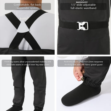 BASSDASH neoprene 4.2mm stocking feet provide warmth and wet traction.