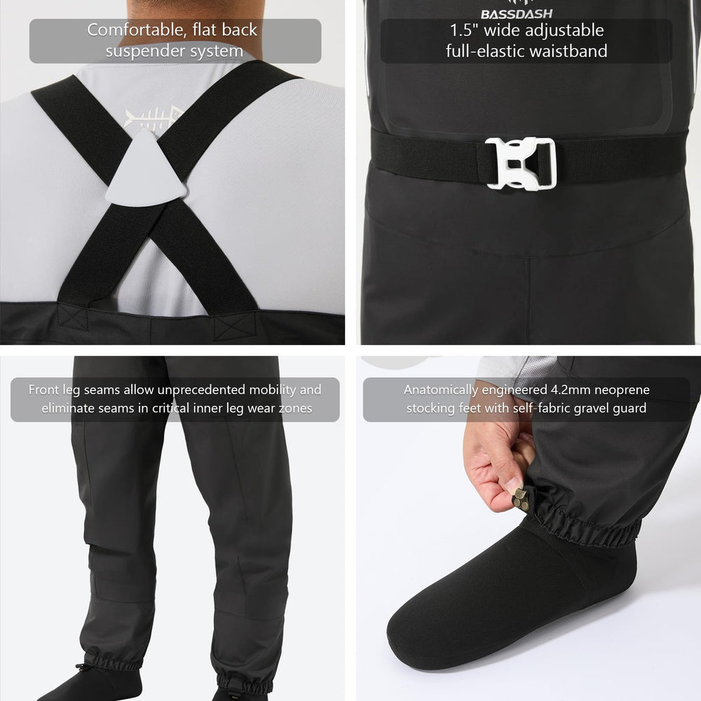 BASSDASH neoprene 4.2mm stocking feet provide warmth and wet traction.