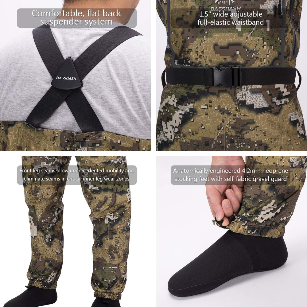 BASSDASH Breathable waders neoprene stocking feet image emphasizing 4.2mm insulation for warmth.