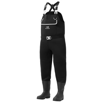 BASSDASH neoprene waders front view in black reeds camo for dry-wading comfort