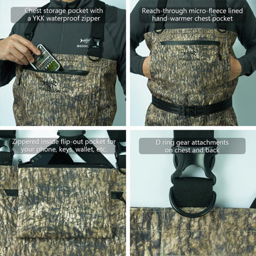 BASSDASH PVC boot feet with deep tread provide solid grip on slippery banks