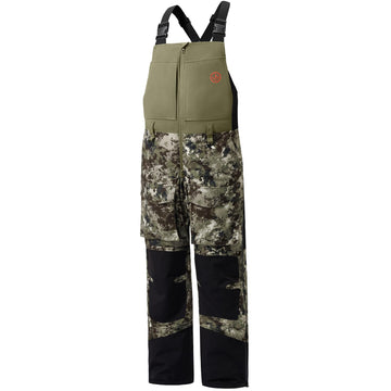 BASSDASH Splice II camo bibs front view showing rugged ripstop fabric for durability.