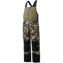 BASSDASH Splice II camo bibs front view showing rugged ripstop fabric for durability.
