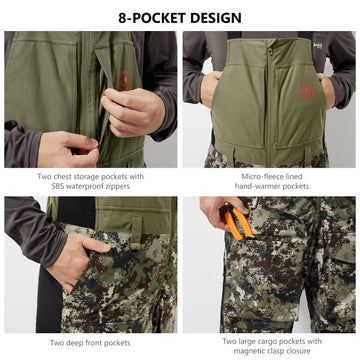 Photo of the bibs' eight-pocket layout demonstrating practical storage for gear.