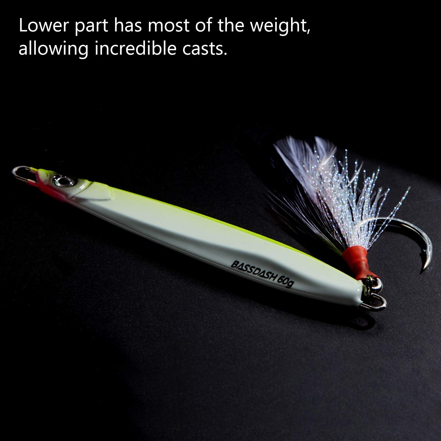 60g (2.1oz) Bassdash Stix jig with Mustad 3/0 hook – vertical angle