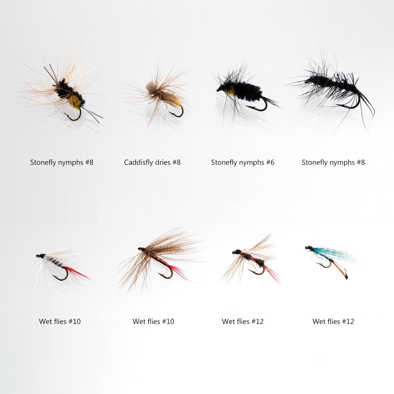 Stonefly nymphs and Caddis dry flies in the kit