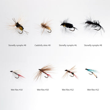 Stonefly nymphs and Caddis dry flies in the kit