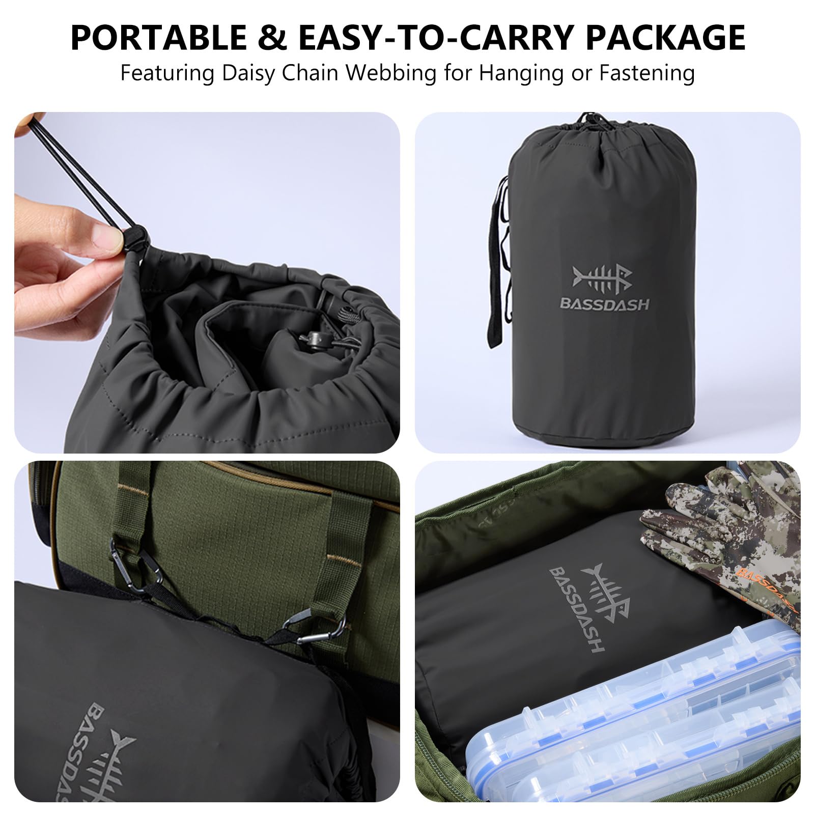 BASSDASH storage bag with top handle demonstrates easy packing and transport.