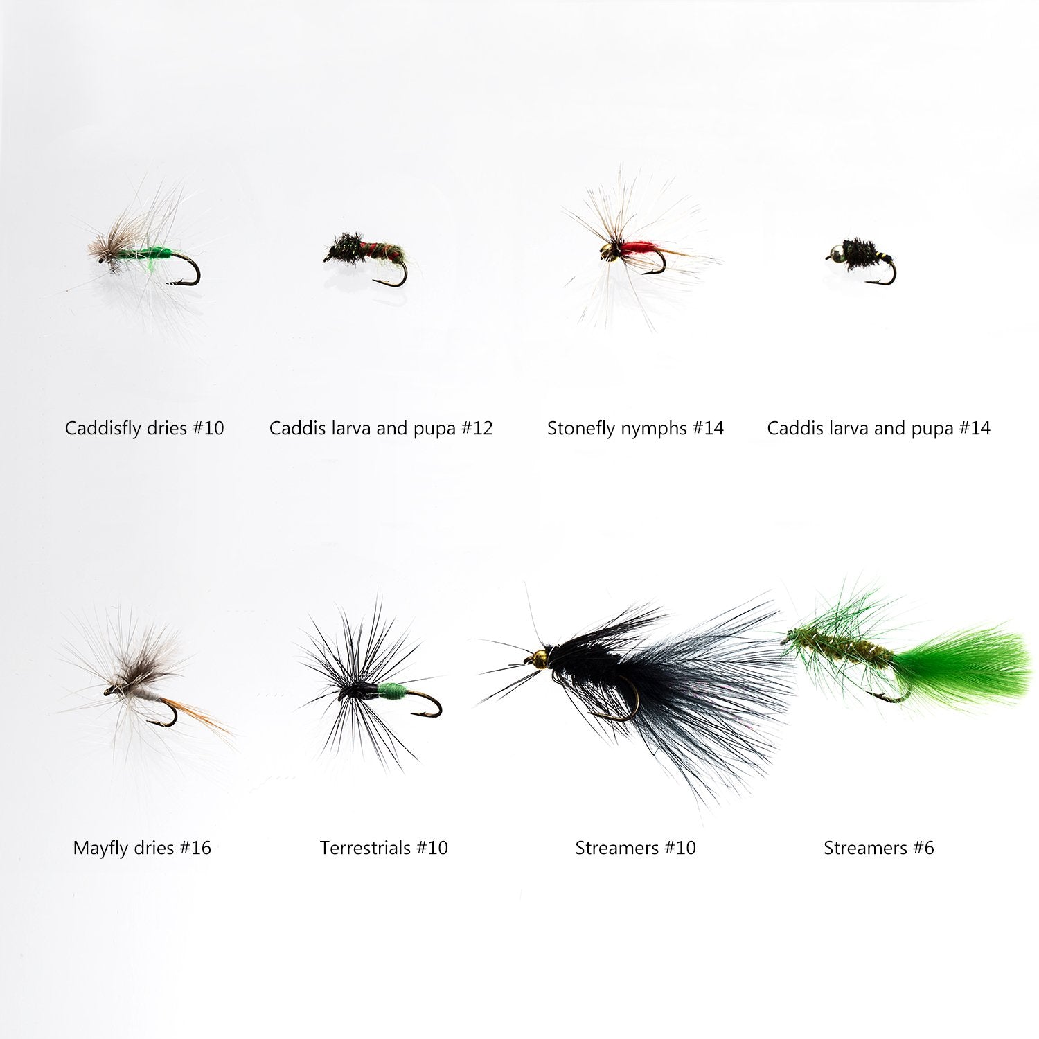 Streamers, Caddis larva and pupa, and Mayfly dry-flies in the kit