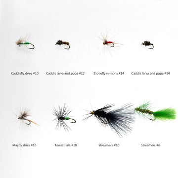 Streamers, Caddis larva and pupa, and Mayfly dry-flies in the kit