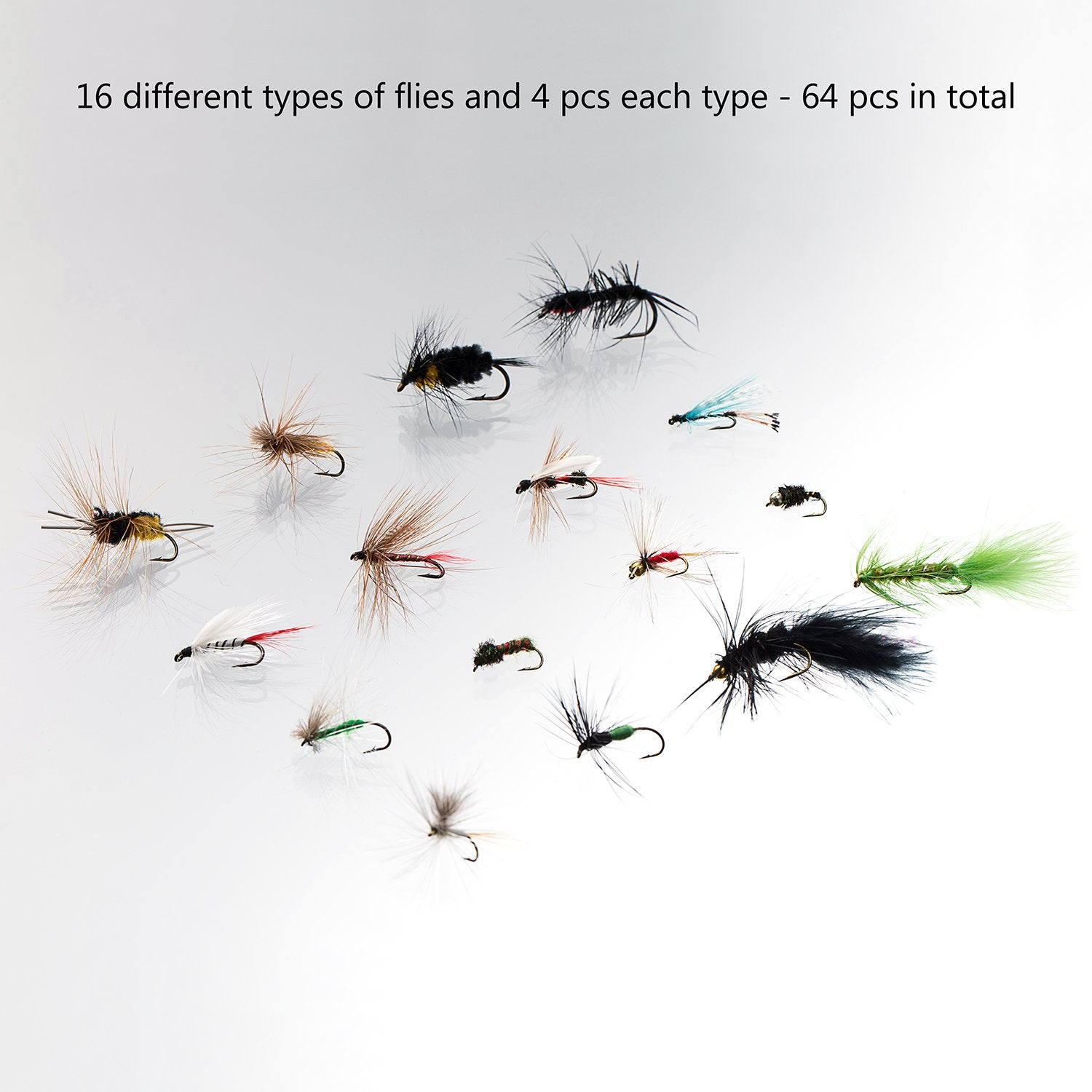 Assorted trout and bass flies including dry, wet, nymphs, and streamers
