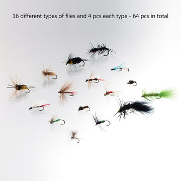 Assorted trout and bass flies including dry, wet, nymphs, and streamers