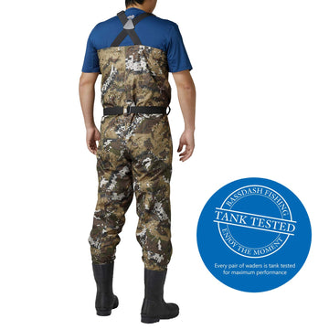 BASSDASH ultralight breathable waders side view ideal for long days fishing.