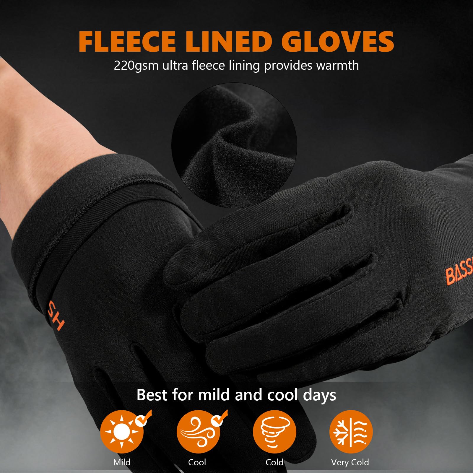 BASSDASH fleece liner gloves with touchscreen fingers enable GPS use without removal.