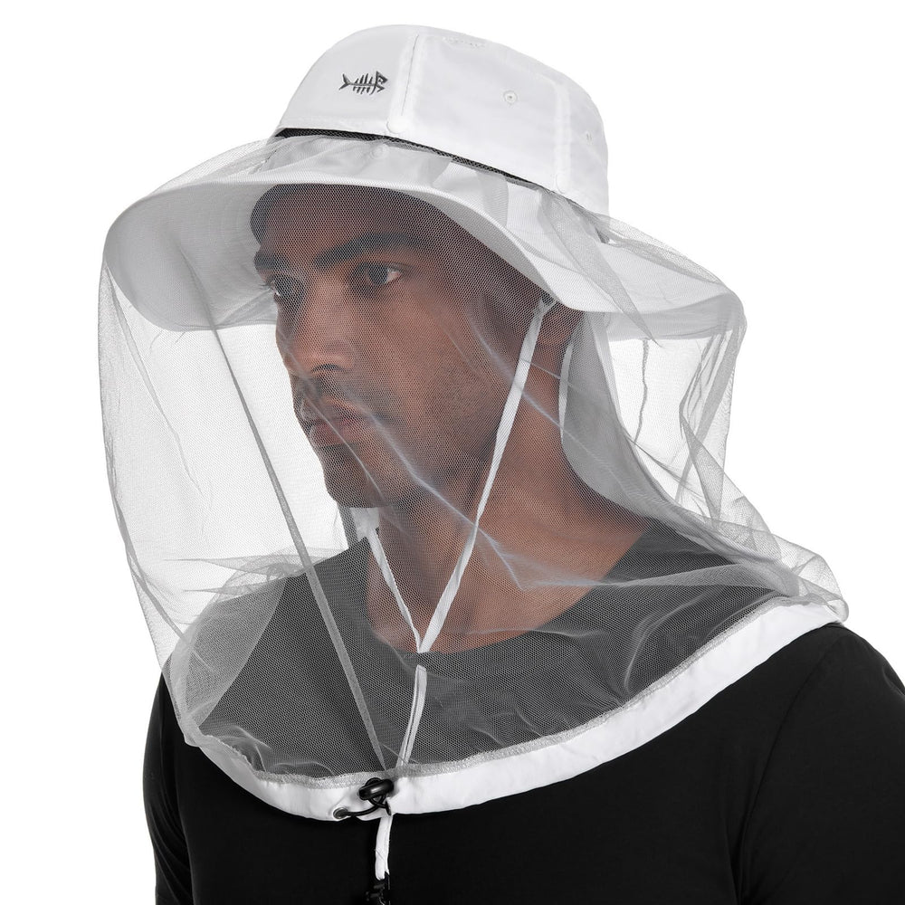 BASSDASH UPF50+ hat with face net extended for bug protection during outdoor activities.