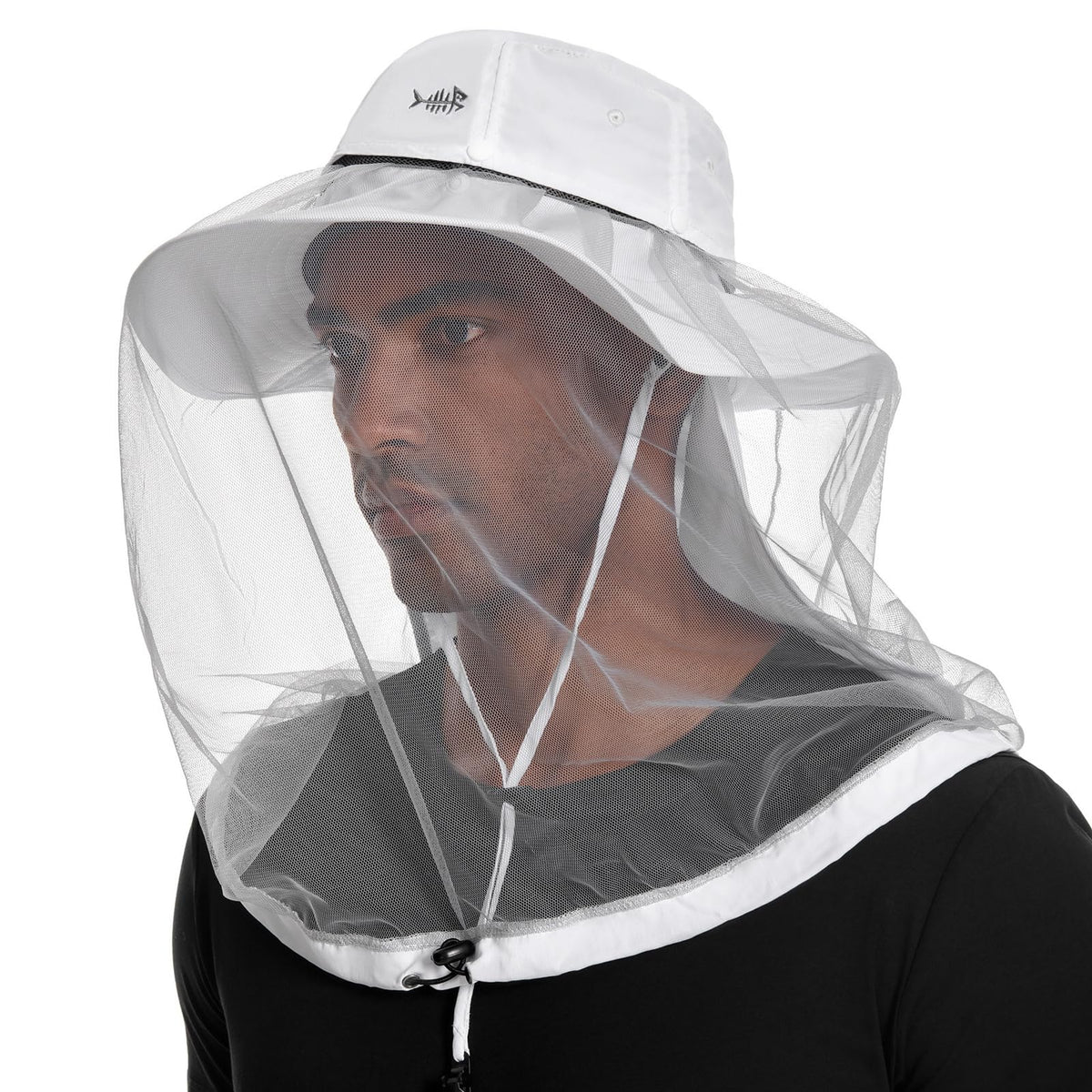 BASSDASH UPF50+ hat with face net extended for bug protection during outdoor activities.