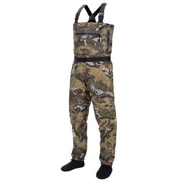 BASSDASH Breathable Veil Camo waders front view highlighting lightweight material for all-day comfort.