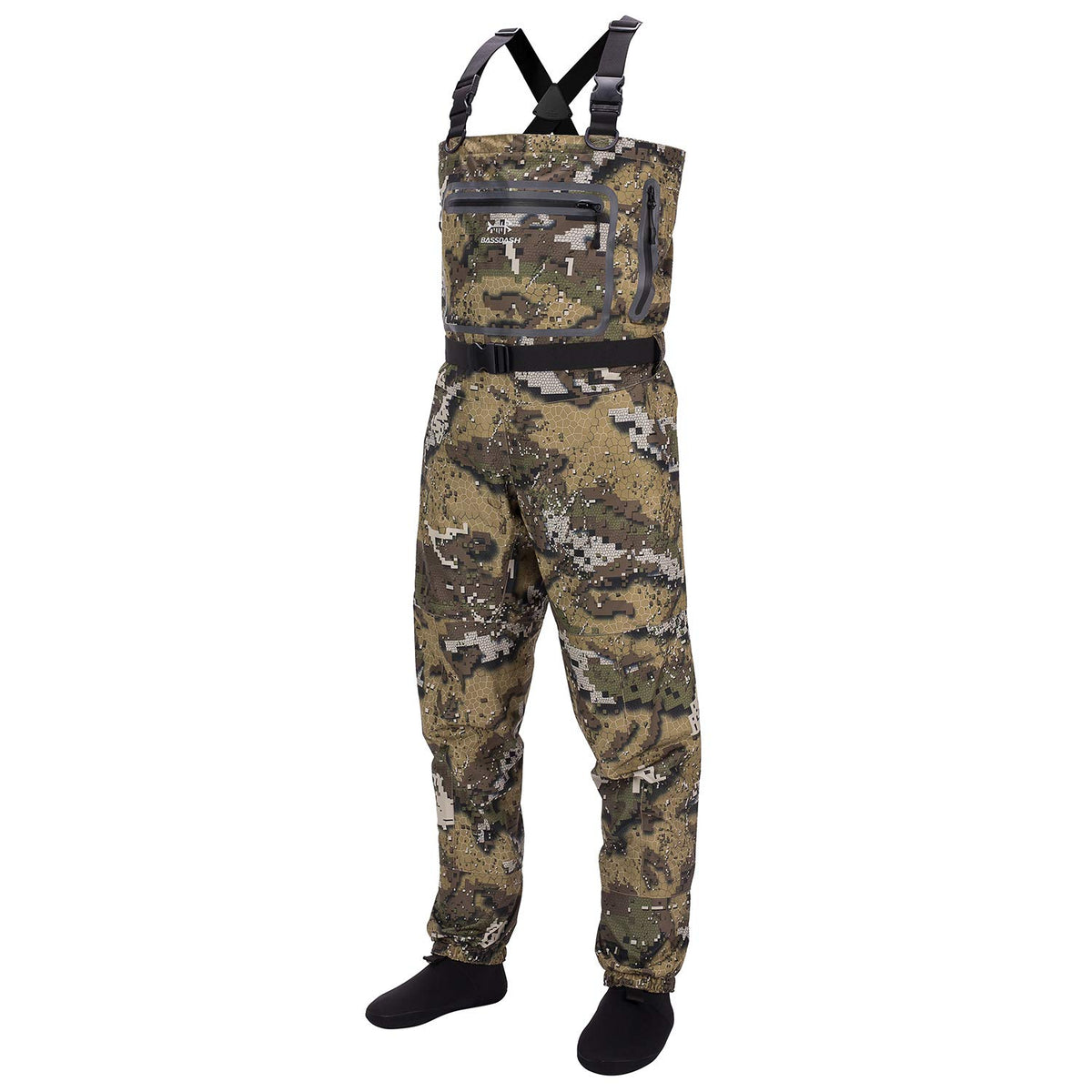 BASSDASH Breathable Veil Camo waders front view highlighting lightweight material for all-day comfort.