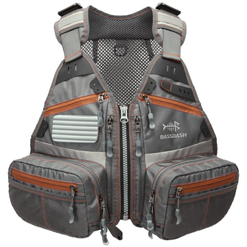 Vest features reflective stripes, EVA patch, and rod holder loops
