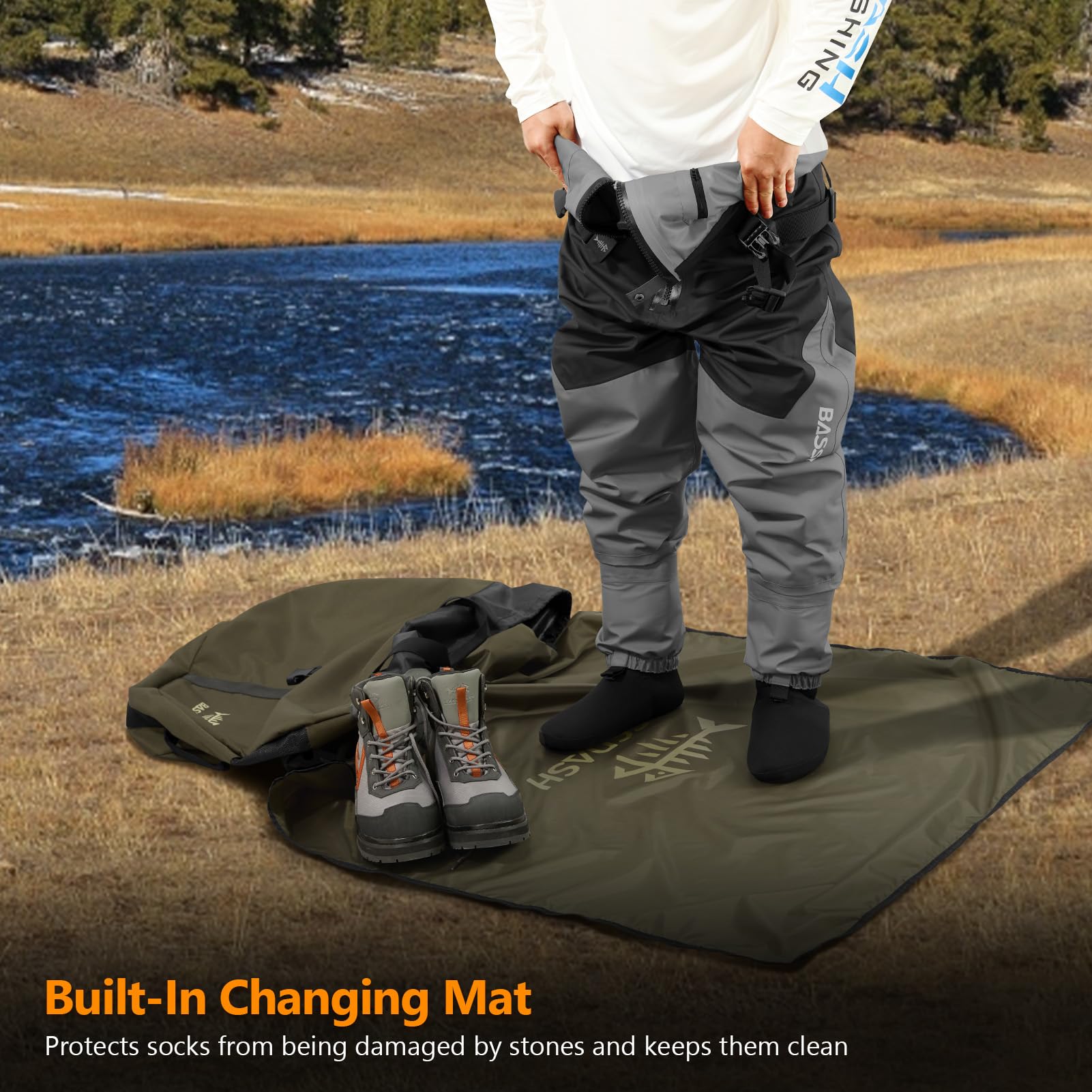 Wader bag with waterproof PVC interior and wet gear