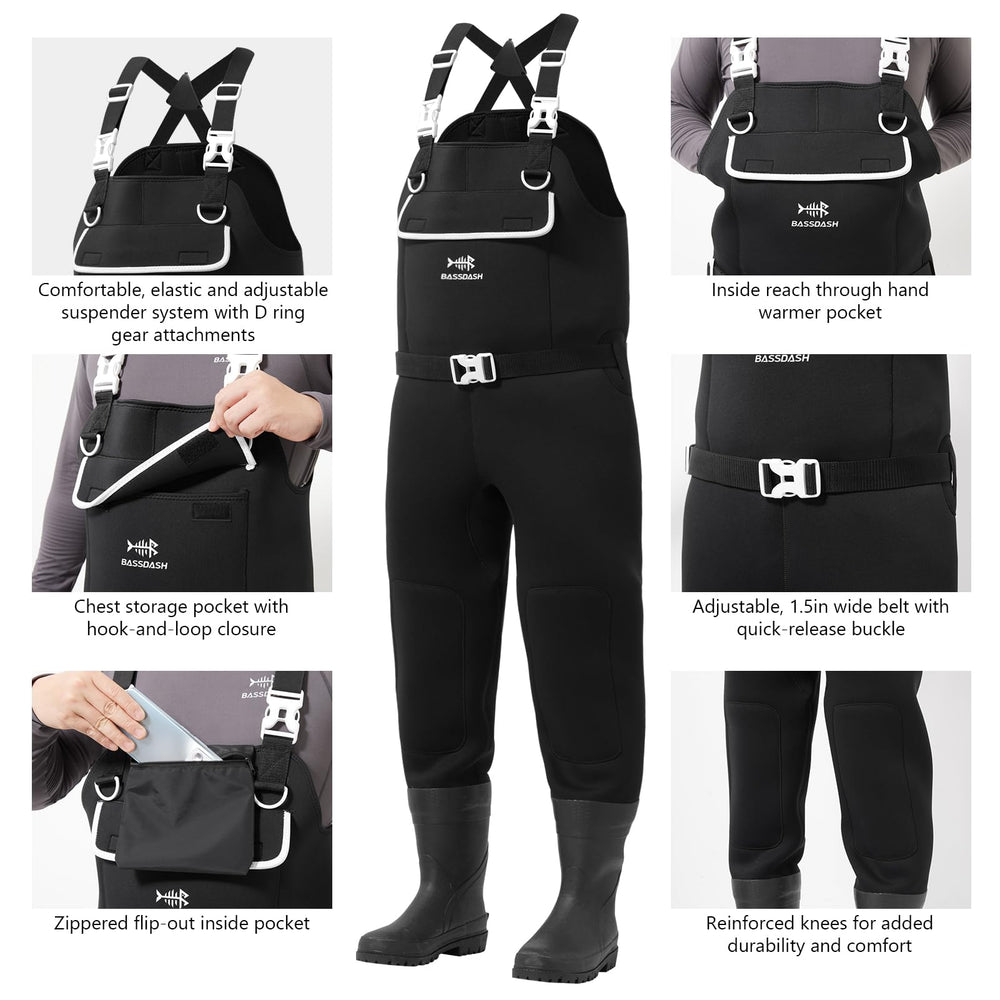 BASSDASH waders cleated outsole for stable traction on slick riverbeds