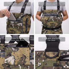 BASSDASH Veil Camo waders pocket details image featuring waterproof zippers for secure gear access.
