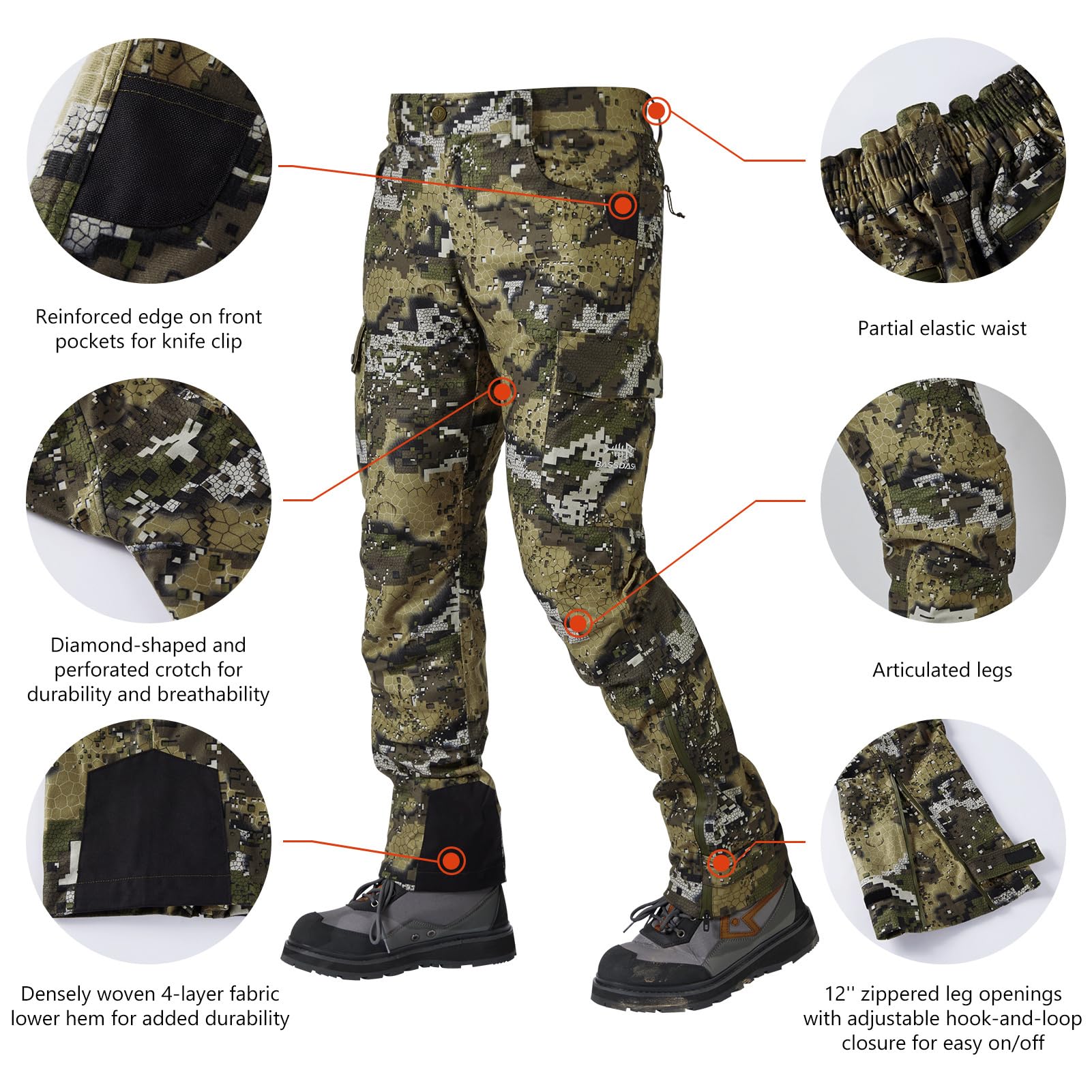 BASSDASH Walker pants calf-closure adjustability improves fit for varying footwear.