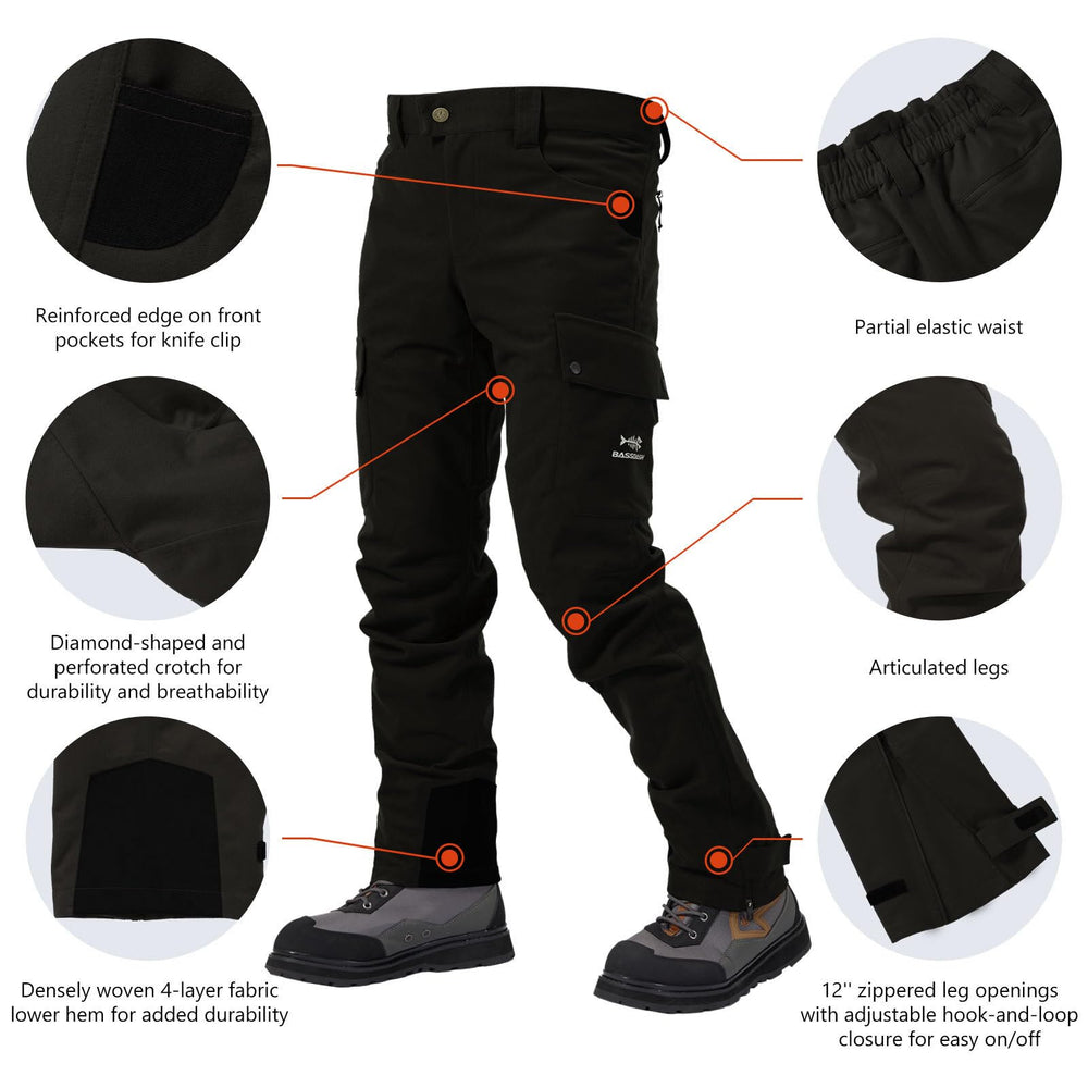 BASSDASH Walker pants waist adjustment offers a secure, comfortable fit.