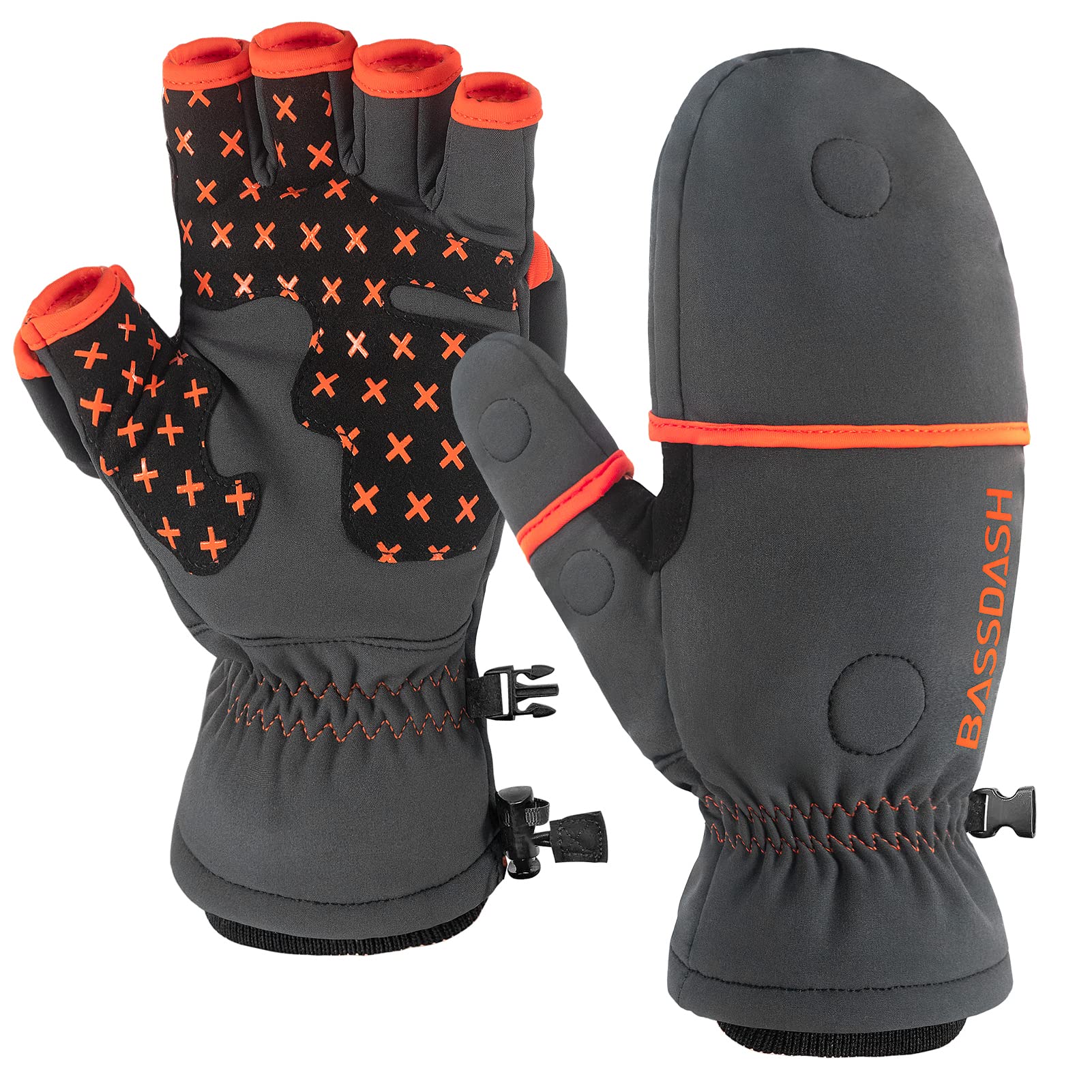 BASSDASH WinteFlex insulated mittens close-up showing four-layer warmth and waterproof fabric