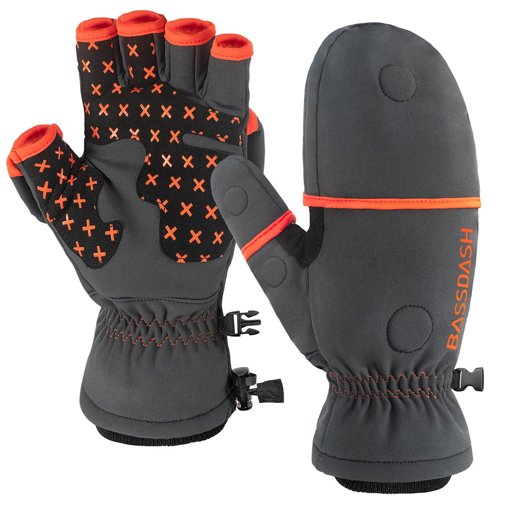 BASSDASH WinteFlex insulated mittens showing extended wrist cuffs for windproof warmth.