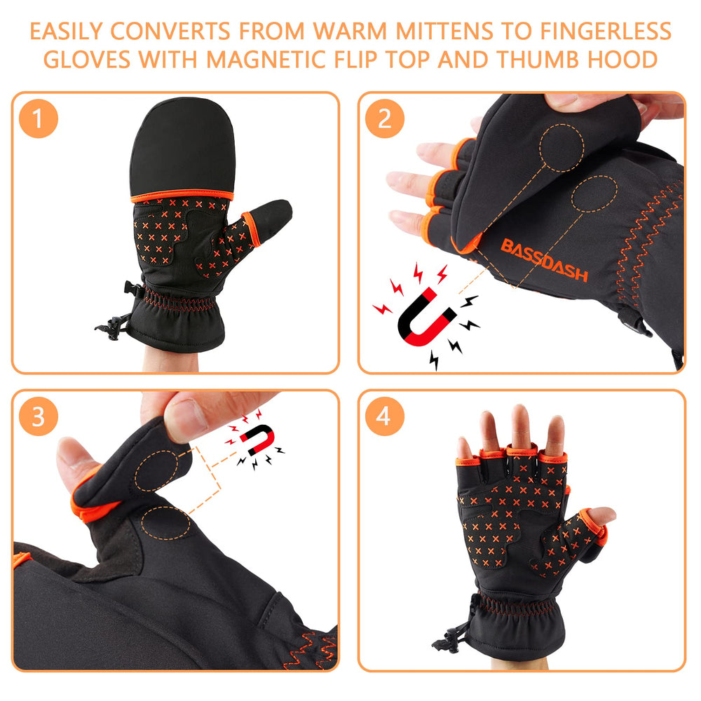 BASSDASH WinteFlex magnetic flip-top converts to fingerless glove for dexterity.