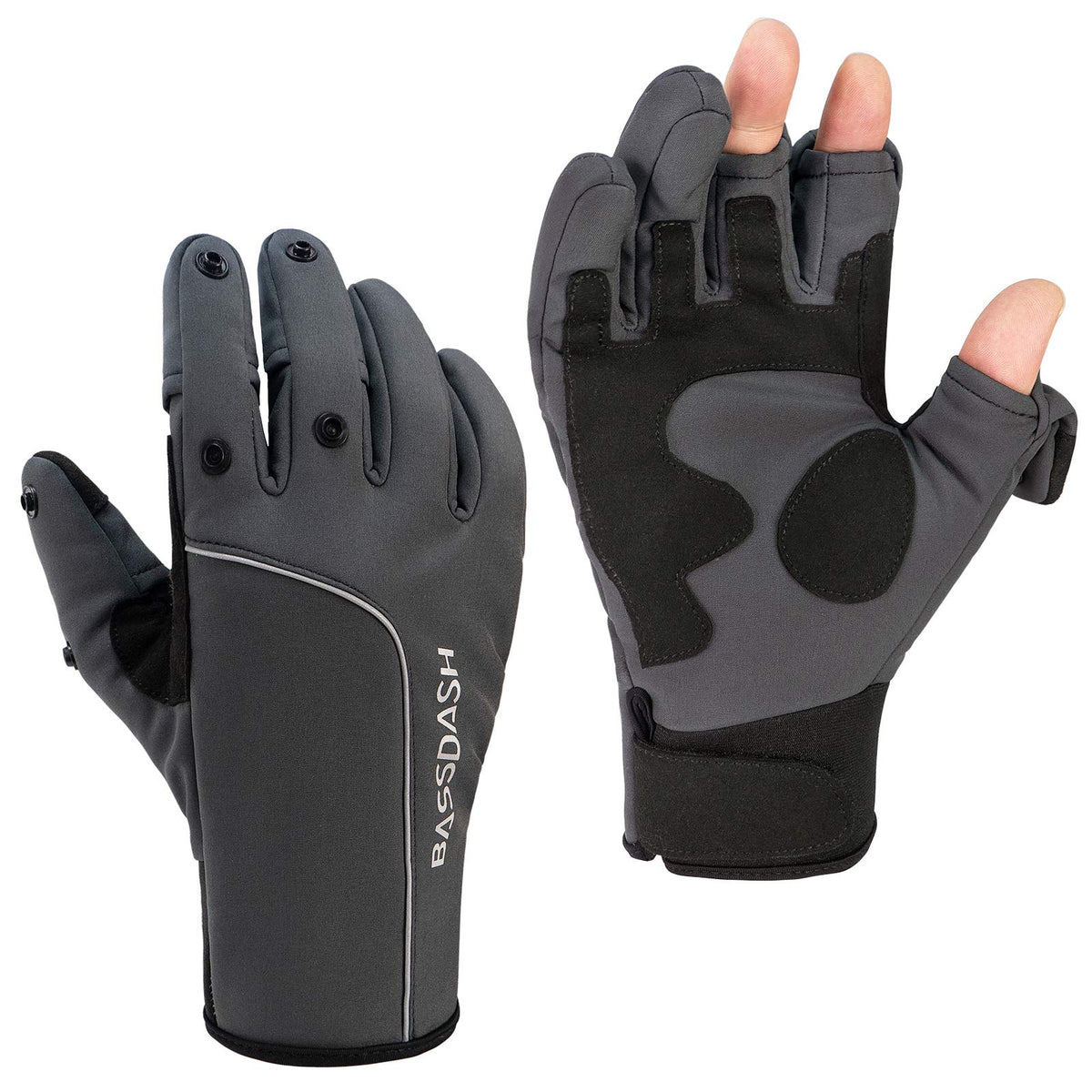 BASSDASH WintePro water-repellent outer shell shields hands from wind and moisture.