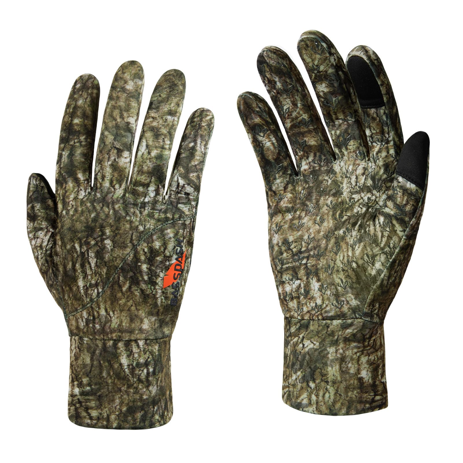 BASSDASH winter fleece hunting gloves showing thumb touchscreen feature for quick device use in cold conditions.