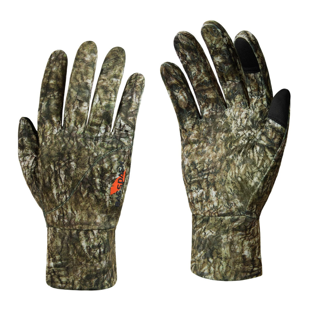 BASSDASH winter fleece hunting gloves showing thumb touchscreen feature for quick device use in cold conditions.