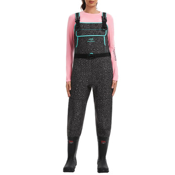 BASSDASH Womens neoprene chest waders leopard top view for waterproof river fishing comfort