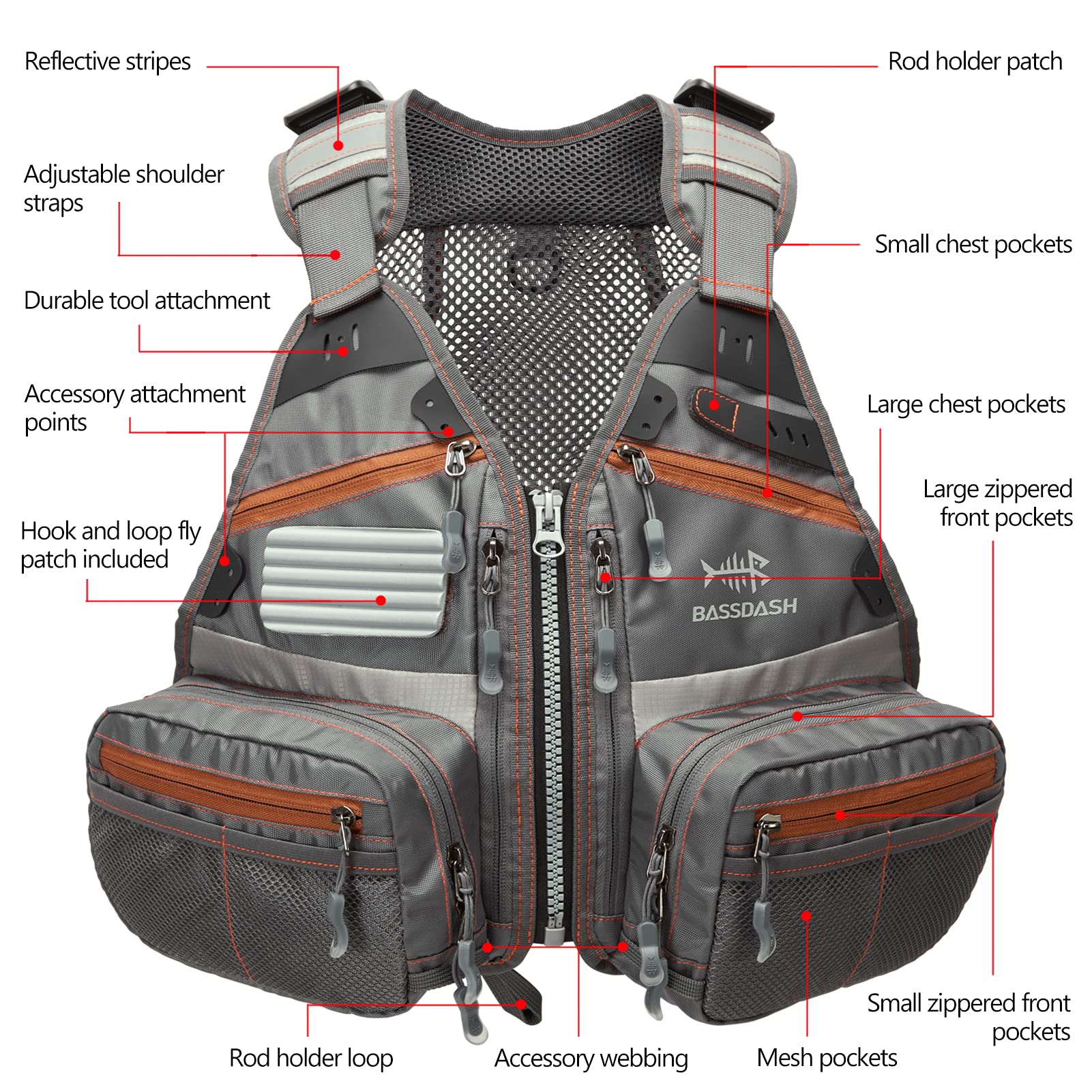 Bassdash Youths Kids Fly Fishing Vest shows 18 pockets for organized gear on the river.