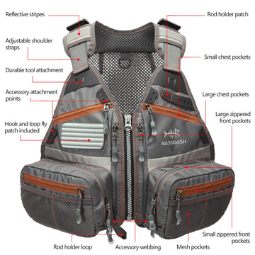 Bassdash Youths Kids Fly Fishing Vest shows 18 pockets for organized gear on the river.