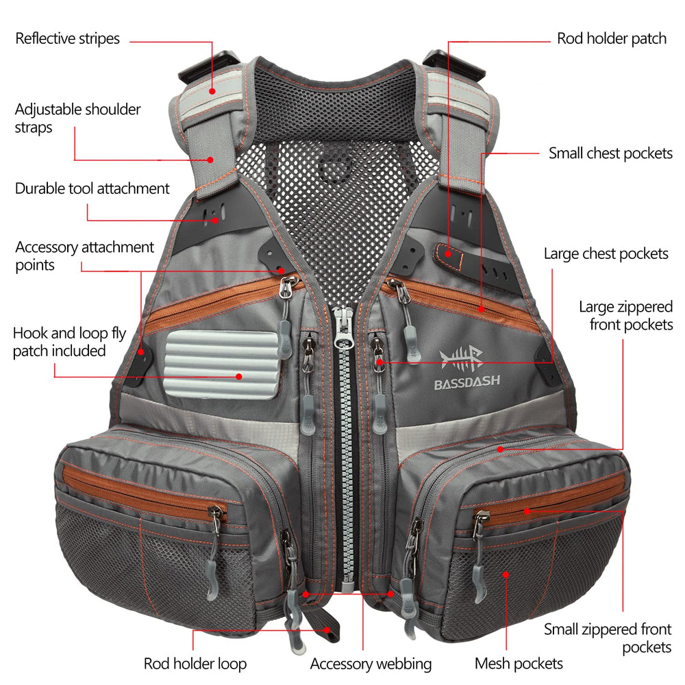 Bassdash Youths Kids Fly Fishing Vest shows 18 pockets for organized gear on the river.