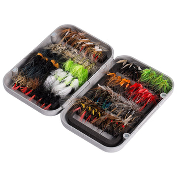 BASSDASH 64 piece fly fishing kit with magnetic fly box open