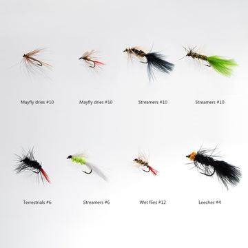 Close up of Mayfly dry flies and additional streamer patterns