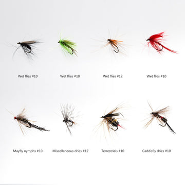 Assorted terrestrials, wets and leeches included in the kit