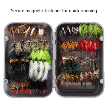 Fly box with secure magnetic fastener and organized flies