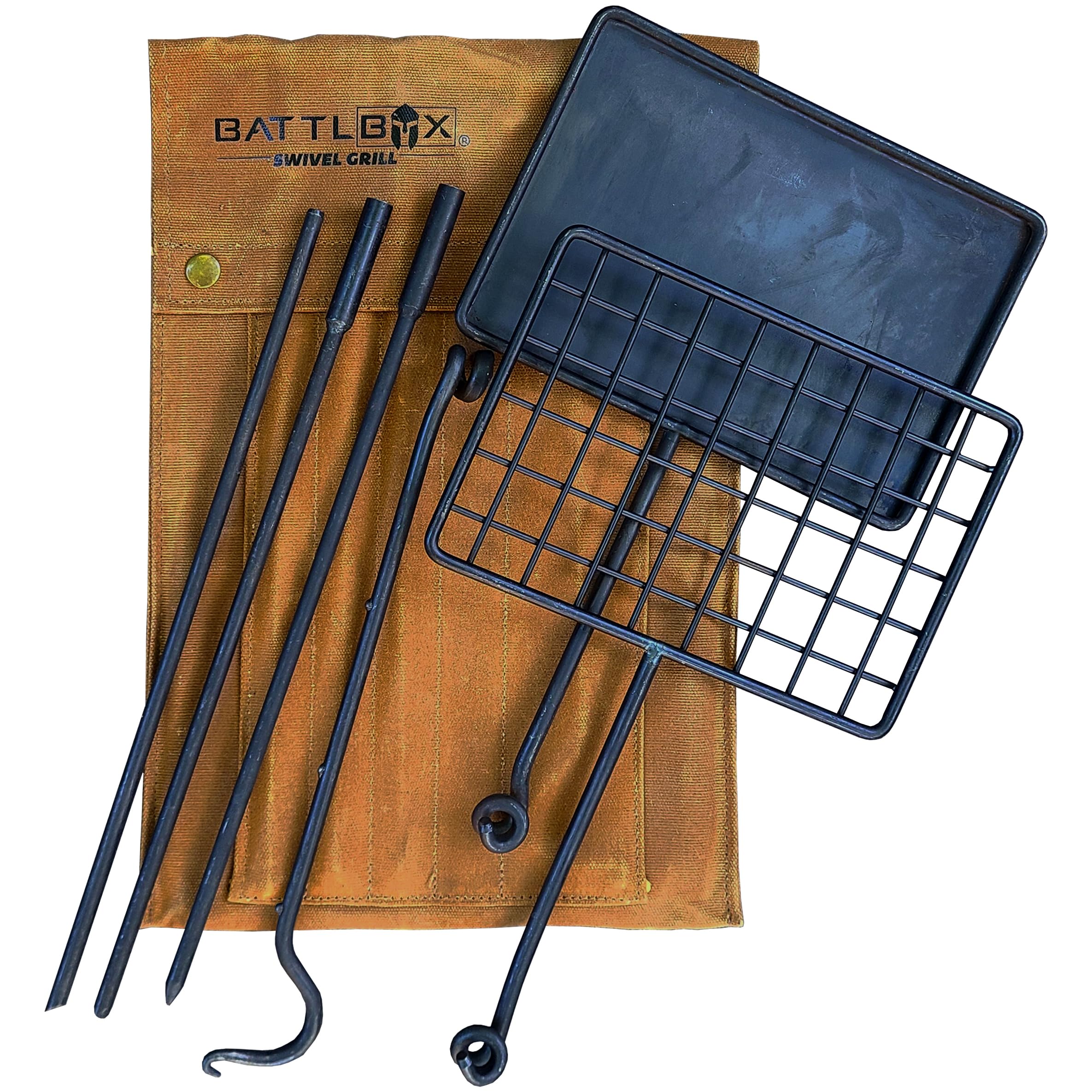 BATTLBOX Bushcraft Grill Set assembled for portable campfire cooking with swiveling grills.
