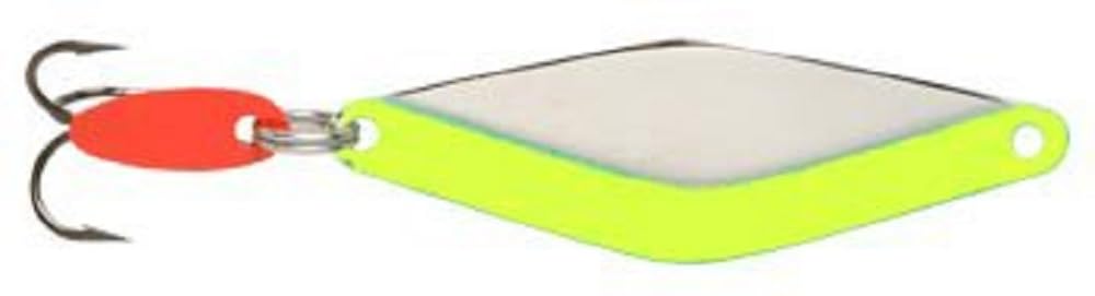 Bay De Noc 3DJFYN do-jigger in fluorescent yellow and nickel for ice fishing lure presentation