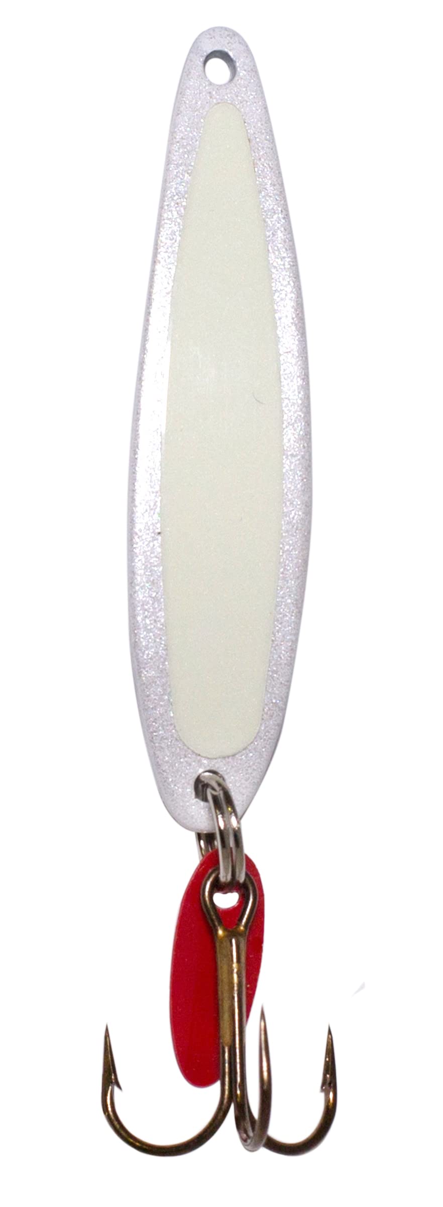 Bay De Noc 3PGLO glow pearl Swedish pimple jig for ice fishing visibility and action